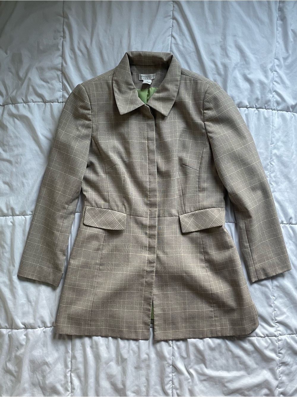 Vintage Women’s Worthington Stretch Beige and Green Plaid Blazer Coat